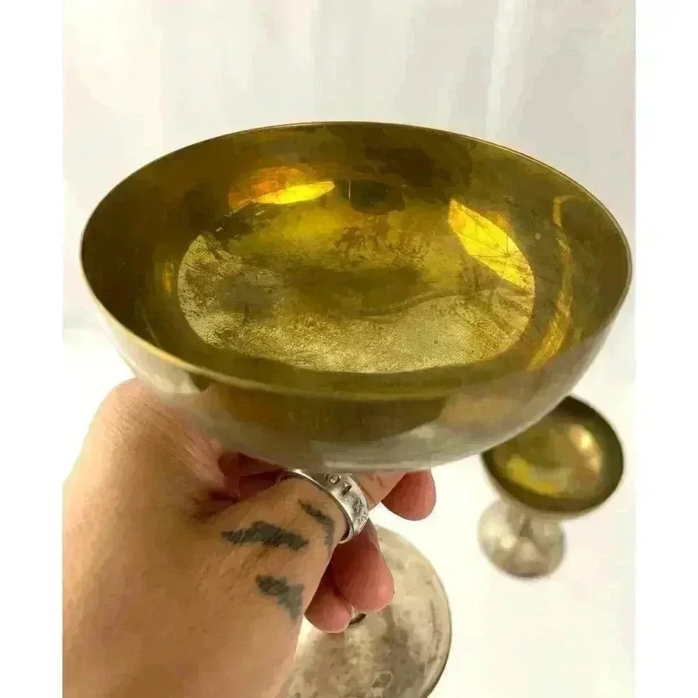 VTG Pair Leonard Silver‎ Toned Brass Tarnished Goblets Chalice